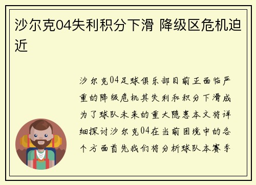 沙尔克04失利积分下滑 降级区危机迫近