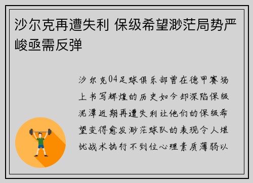 沙尔克再遭失利 保级希望渺茫局势严峻亟需反弹