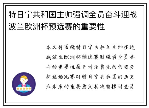 特日宁共和国主帅强调全员奋斗迎战波兰欧洲杯预选赛的重要性