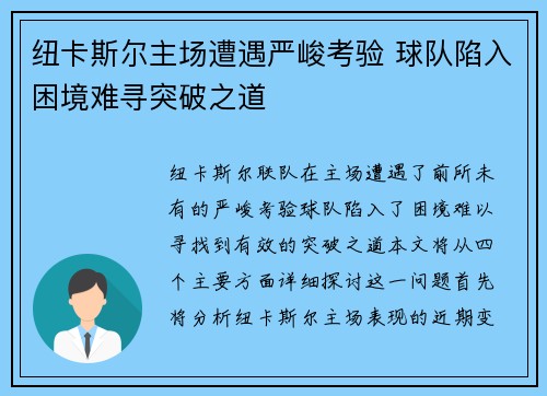 纽卡斯尔主场遭遇严峻考验 球队陷入困境难寻突破之道