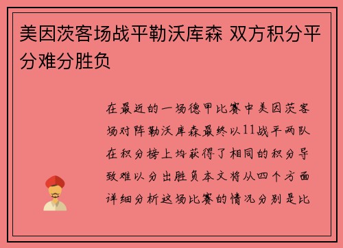 美因茨客场战平勒沃库森 双方积分平分难分胜负